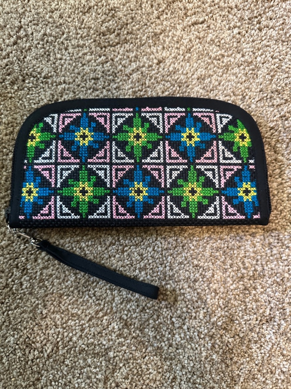 Woven Geometric Wristlet Clutch - Black with Blue, Green & Pink Pattern